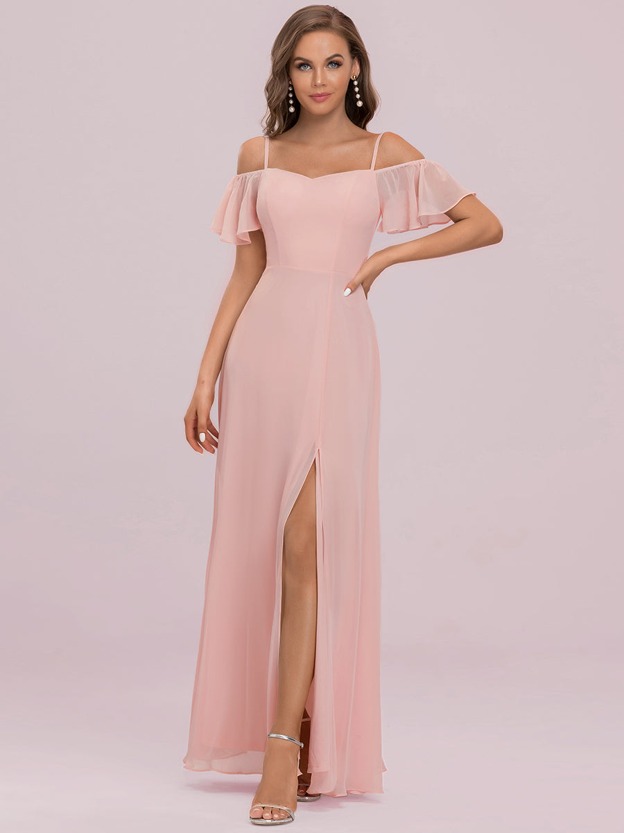 Bodenlanger Offshoulder A-Linien Chiffon Kleid Mit Hohem Schlitz #Farbe_Pink