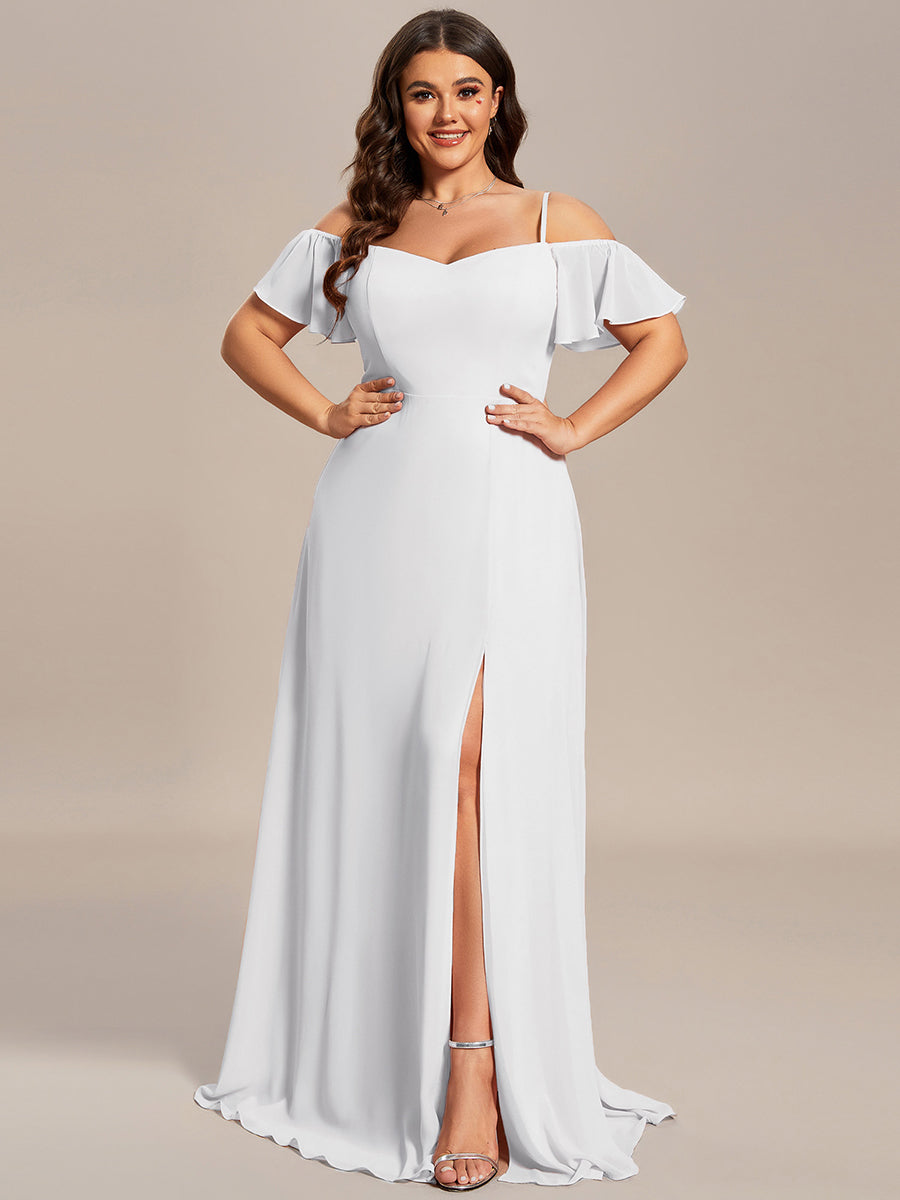 Bodenlanger Offshoulder A-Linien Chiffon Kleid Mit Hohem Schlitz #Farbe_Weiß