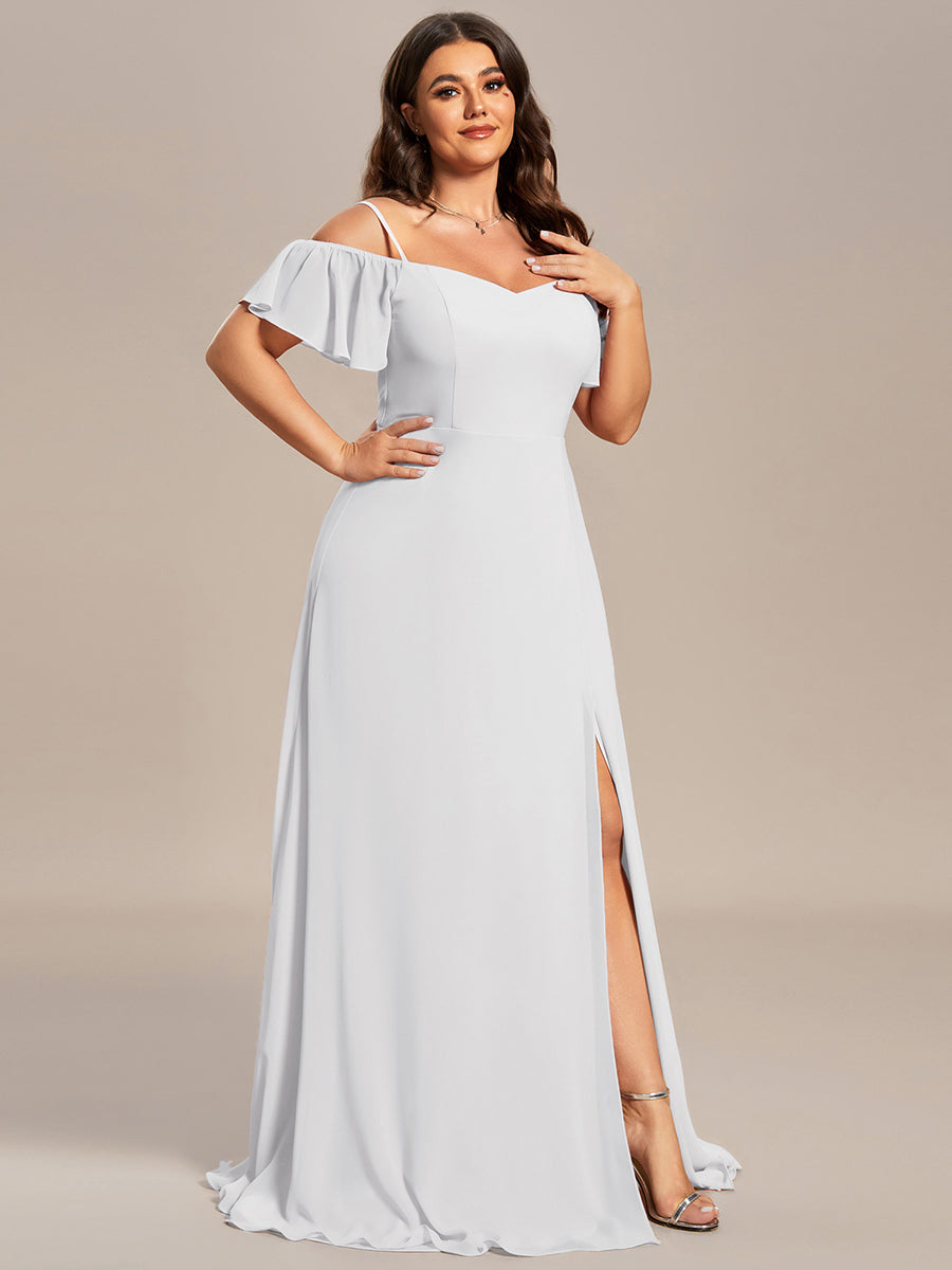 Bodenlanger Offshoulder A-Linien Chiffon Kleid Mit Hohem Schlitz #Farbe_Weiß