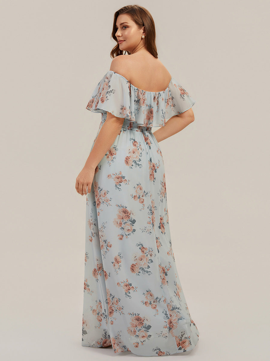 Bodenlanger Offshoulder A-Linie Chiffon Kleid Mit Falten Design Und Oberschenkel Hohem Schlitz #Farbe_Bernstein