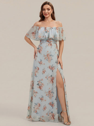 Bodenlanger Offshoulder A-Linie Chiffon Kleid Mit Falten Design Und Oberschenkel Hohem Schlitz #Farbe_Bernstein