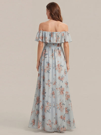 Bodenlanger Offshoulder A-Linie Chiffon Kleid Mit Falten Design Und Oberschenkel Hohem Schlitz #Farbe_Bernstein