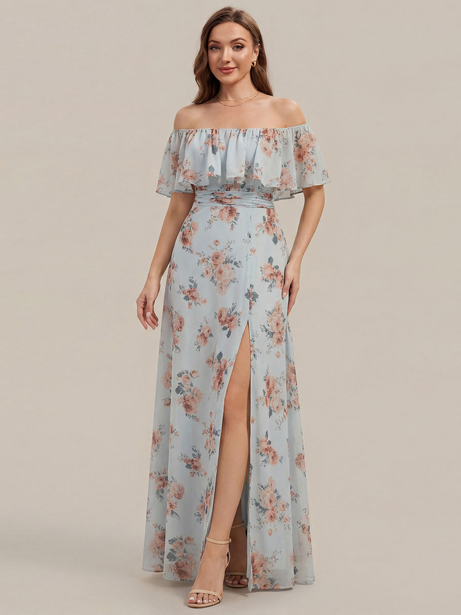 Bodenlanger Offshoulder A-Linie Chiffon Kleid Mit Falten Design Und Oberschenkel Hohem Schlitz #Farbe_Bernstein