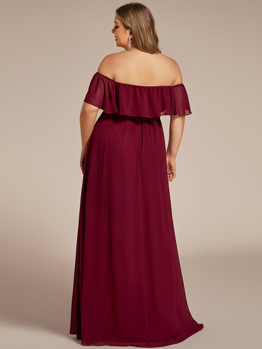 Bodenlanger Offshoulder A-Linie Chiffon Kleid Mit Falten Design Und Oberschenkel Hohem Schlitz #Farbe_Burgunderrot