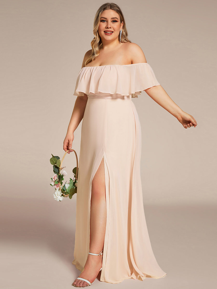 Bodenlanger Offshoulder A-Linie Chiffon Kleid Mit Falten Design Und Oberschenkel Hohem Schlitz #Farbe_Blush-Rosa
