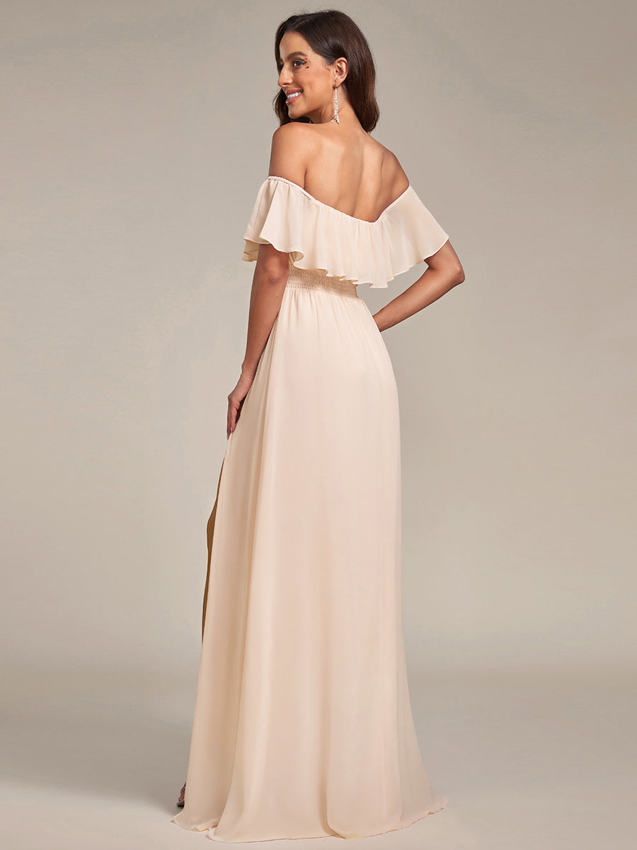 Bodenlanger Offshoulder A-Linie Chiffon Kleid Mit Falten Design Und Oberschenkel Hohem Schlitz #Farbe_Blush-Rosa