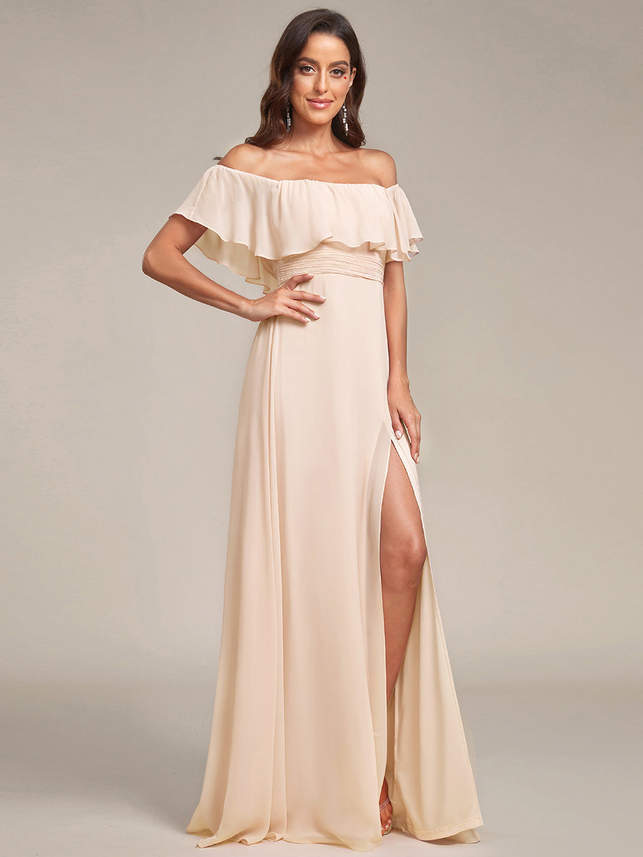 Bodenlanger Offshoulder A-Linie Chiffon Kleid Mit Falten Design Und Oberschenkel Hohem Schlitz #Farbe_Blush-Rosa