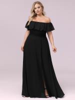 Bodenlanger Offshoulder A-Linie Chiffon Kleid Mit Falten Design Und Oberschenkel Hohem Schlitz #Farbe_Schwarz