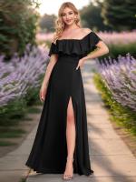 Bodenlanger Offshoulder A-Linie Chiffon Kleid Mit Falten Design Und Oberschenkel Hohem Schlitz #Farbe_Schwarz