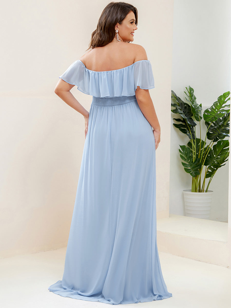 Bodenlanger Offshoulder A-Linie Chiffon Kleid Mit Falten Design Und Oberschenkel Hohem Schlitz #Farbe_Himmelblau