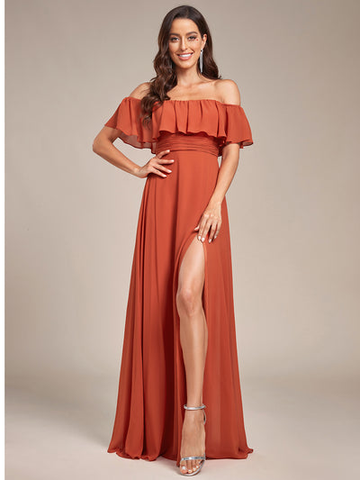 Bodenlanger Offshoulder A-Linie Chiffon Kleid Mit Falten Design Und Oberschenkel Hohem Schlitz #Farbe_Gebranntes Orange