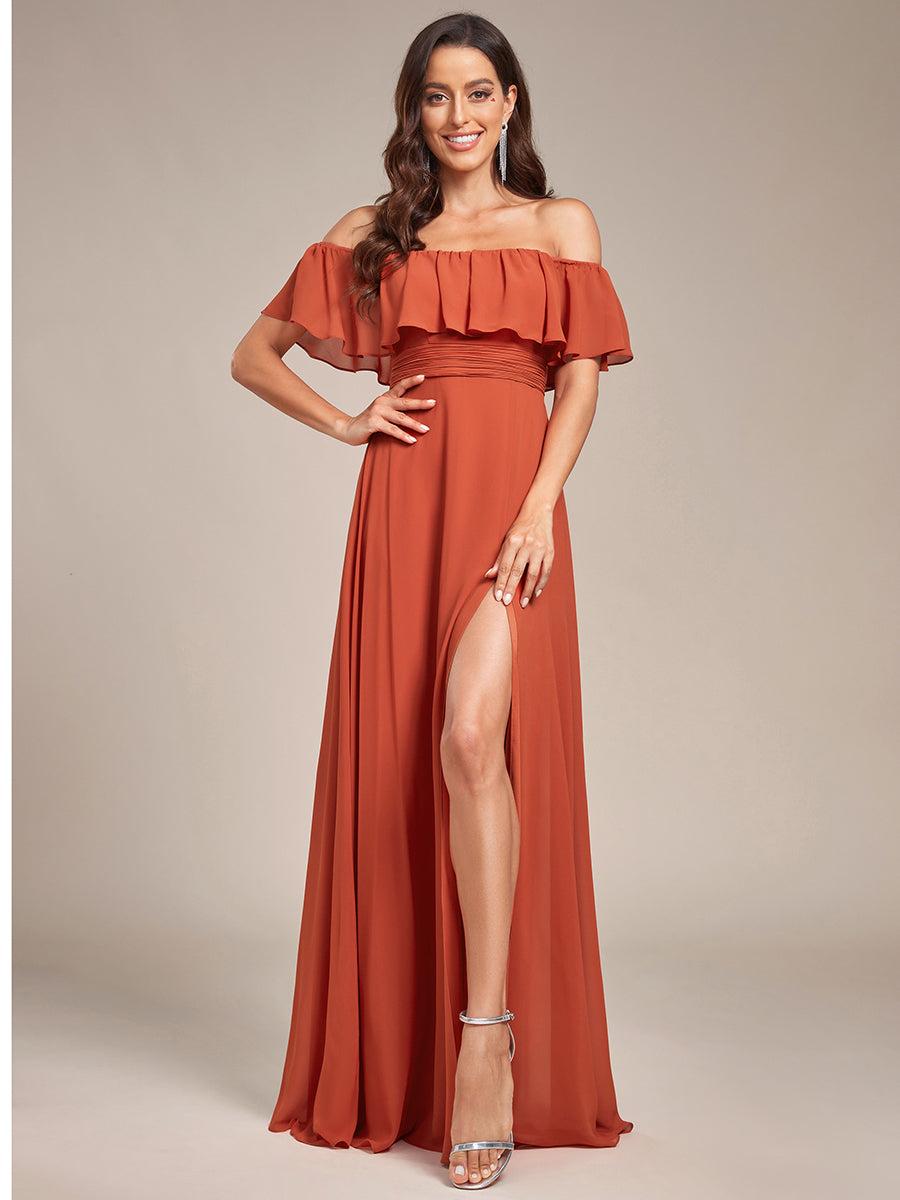 Bodenlanger Offshoulder A-Linie Chiffon Kleid Mit Falten Design Und Oberschenkel Hohem Schlitz #Farbe_Gebranntes Orange