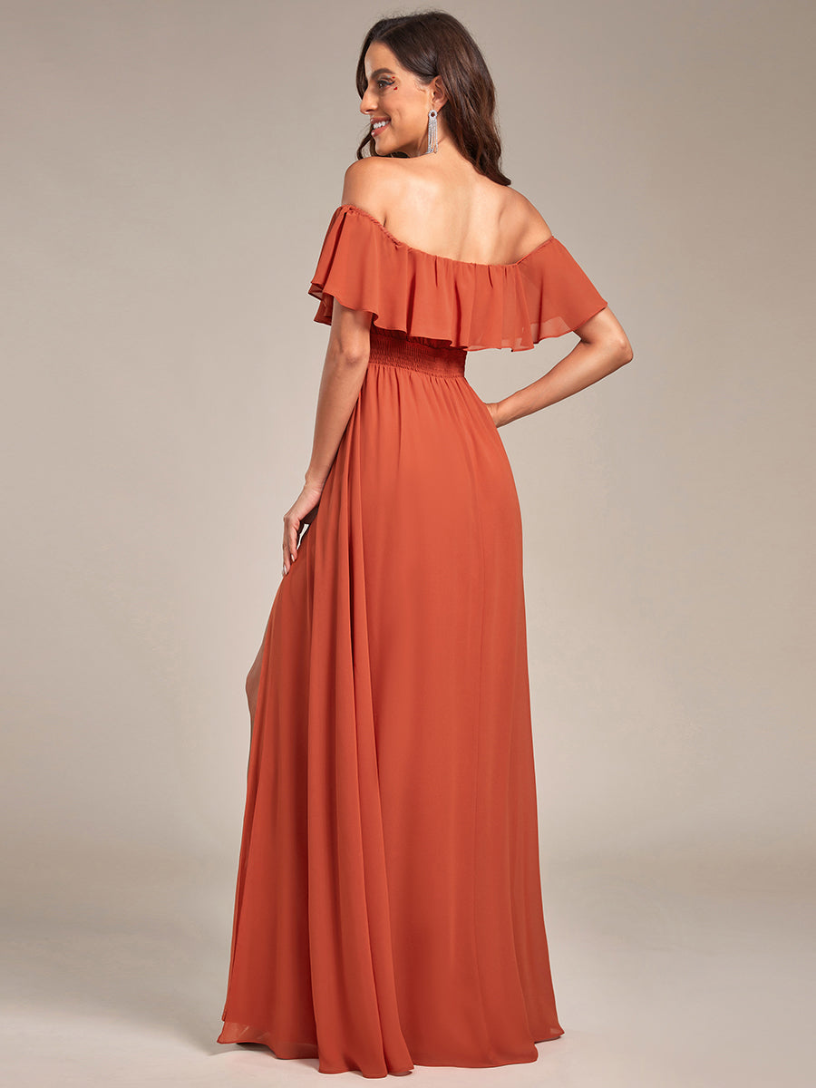 Bodenlanger Offshoulder A-Linie Chiffon Kleid Mit Falten Design Und Oberschenkel Hohem Schlitz #Farbe_Gebranntes Orange