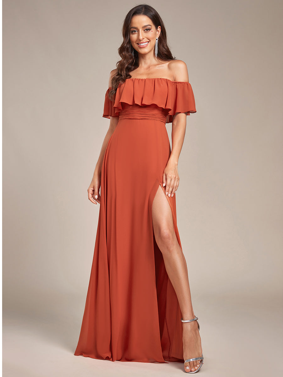 Bodenlanger Offshoulder A-Linie Chiffon Kleid Mit Falten Design Und Oberschenkel Hohem Schlitz #Farbe_Gebranntes Orange
