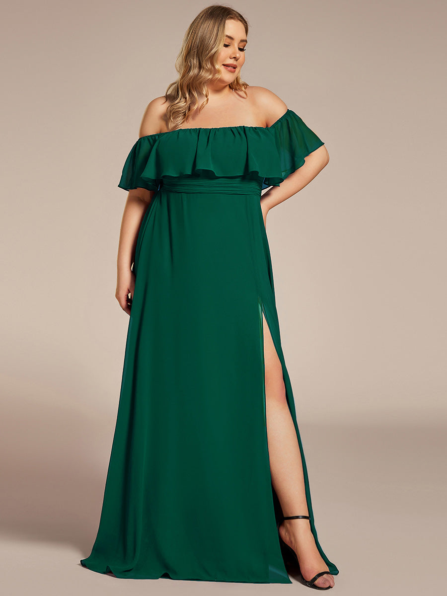 Bodenlanger Offshoulder A-Linie Chiffon Kleid Mit Falten Design Und Oberschenkel Hohem Schlitz #Farbe_Dunkelgrün