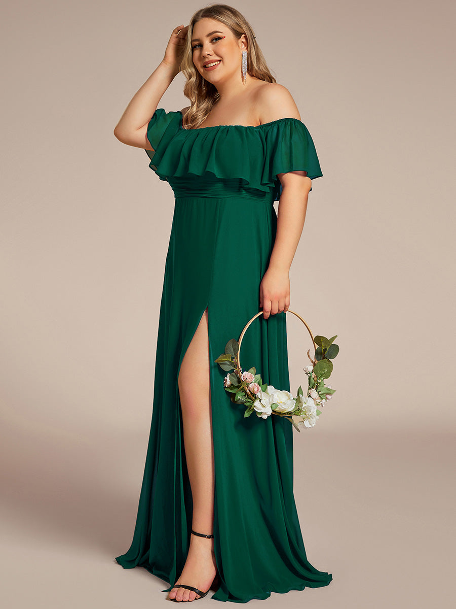 Bodenlanger Offshoulder A-Linie Chiffon Kleid Mit Falten Design Und Oberschenkel Hohem Schlitz #Farbe_Dunkelgrün