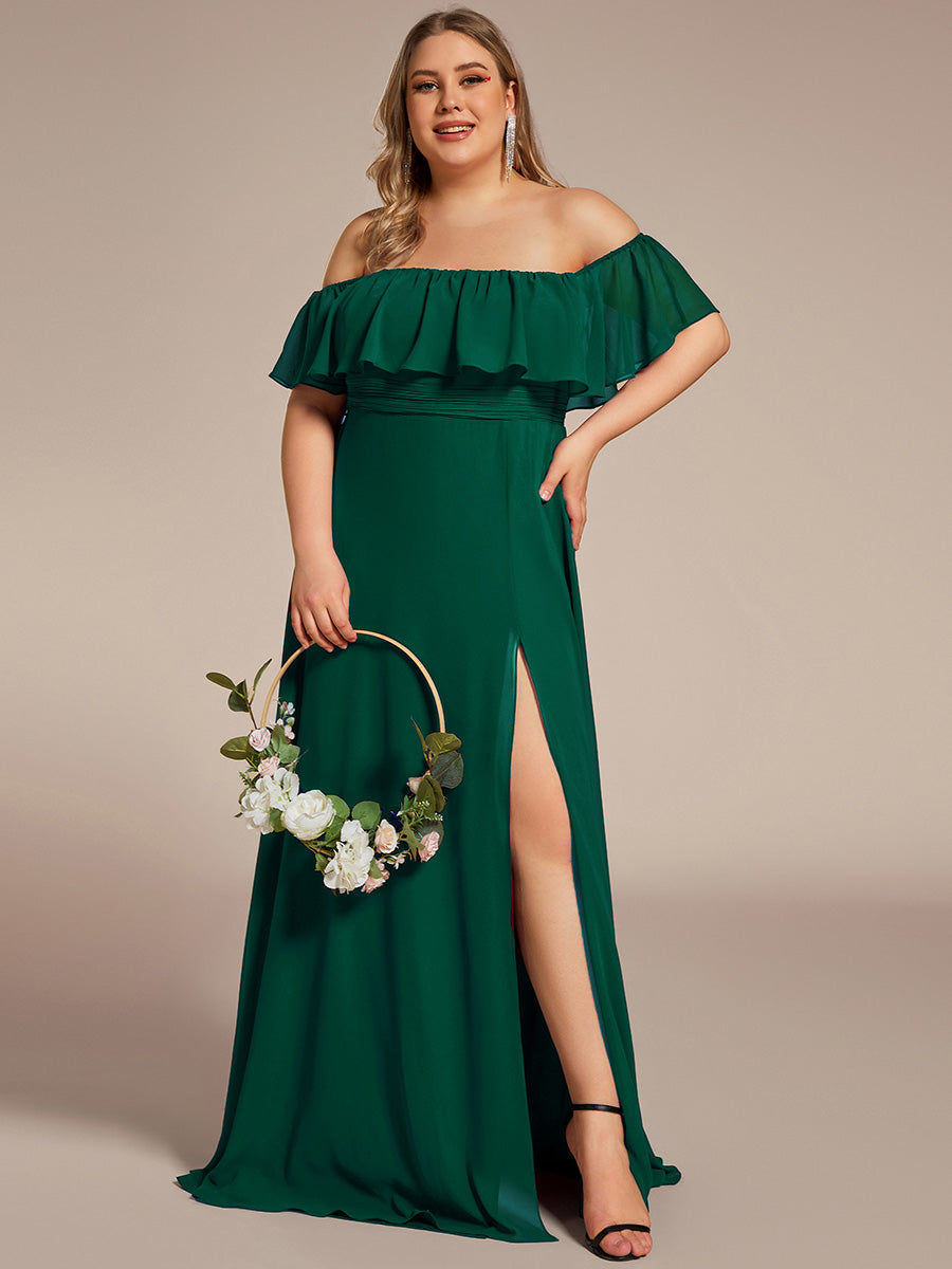 Bodenlanger Offshoulder A-Linie Chiffon Kleid Mit Falten Design Und Oberschenkel Hohem Schlitz #Farbe_Dunkelgrün