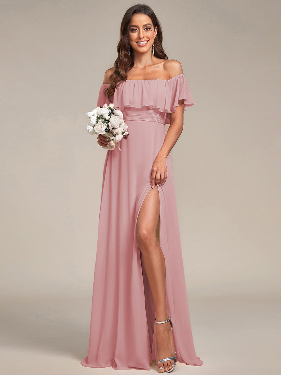 Bodenlanger Offshoulder A-Linie Chiffon Kleid Mit Falten Design Und Oberschenkel Hohem Schlitz #Farbe_Altrosa