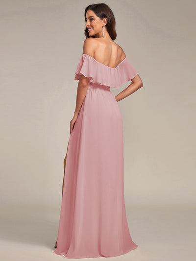 Bodenlanger Offshoulder A-Linie Chiffon Kleid Mit Falten Design Und Oberschenkel Hohem Schlitz #Farbe_Altrosa