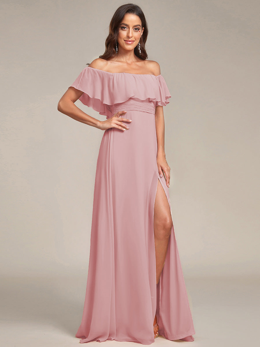 Bodenlanger Offshoulder A-Linie Chiffon Kleid Mit Falten Design Und Oberschenkel Hohem Schlitz #Farbe_Altrosa