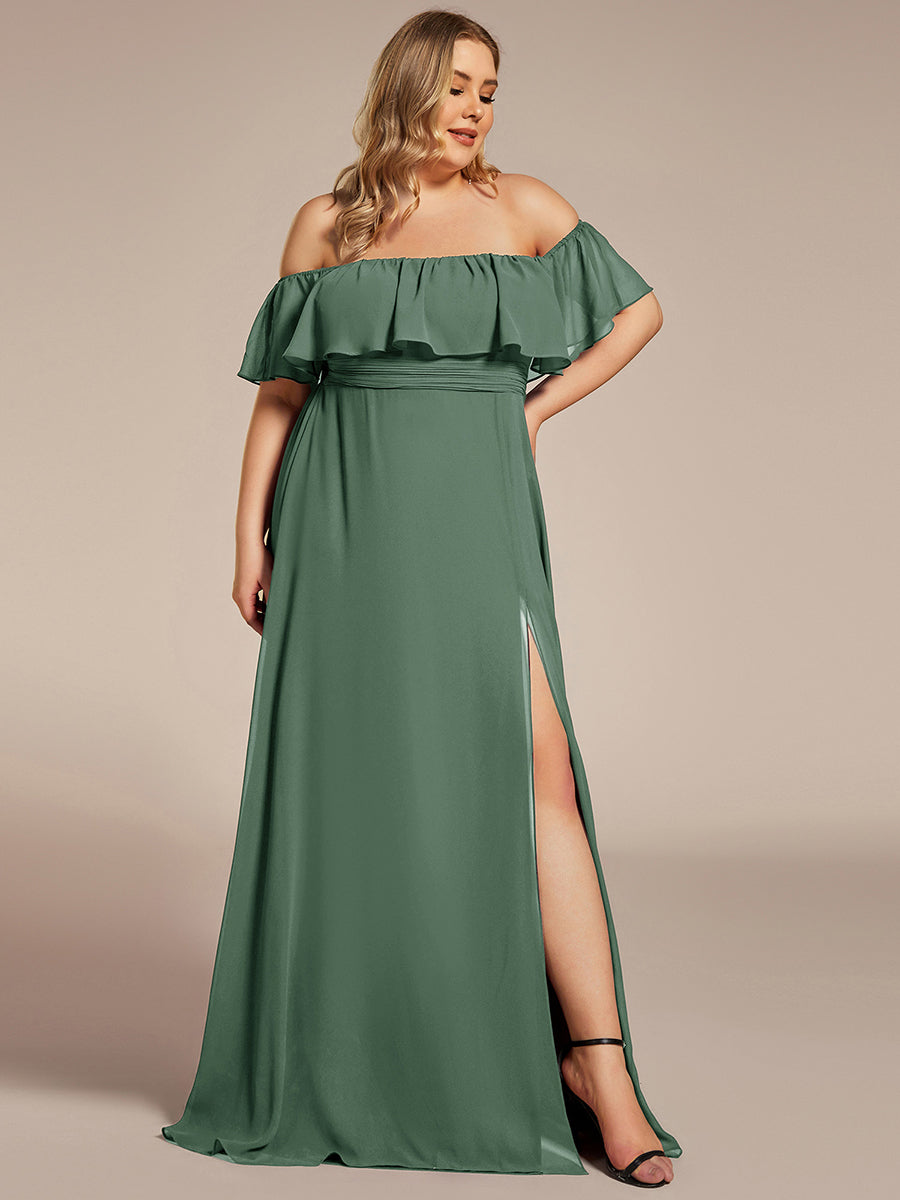 Bodenlanger Offshoulder A-Linie Chiffon Kleid Mit Falten Design Und Oberschenkel Hohem Schlitz #Farbe_Eukalyptus