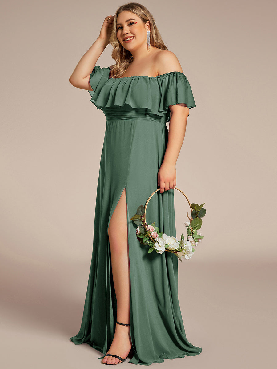 Bodenlanger Offshoulder A-Linie Chiffon Kleid Mit Falten Design Und Oberschenkel Hohem Schlitz #Farbe_Eukalyptus