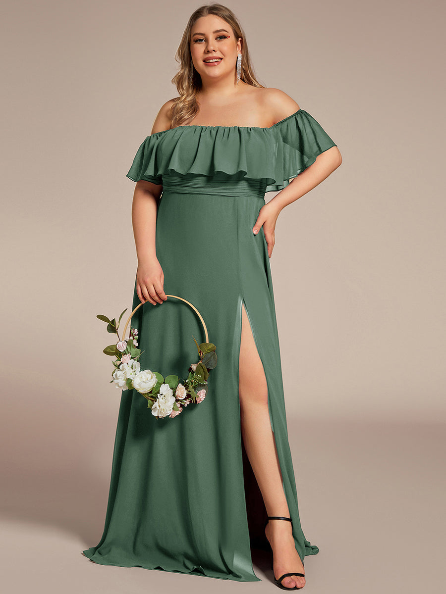 Bodenlanger Offshoulder A-Linie Chiffon Kleid Mit Falten Design Und Oberschenkel Hohem Schlitz #Farbe_Eukalyptus