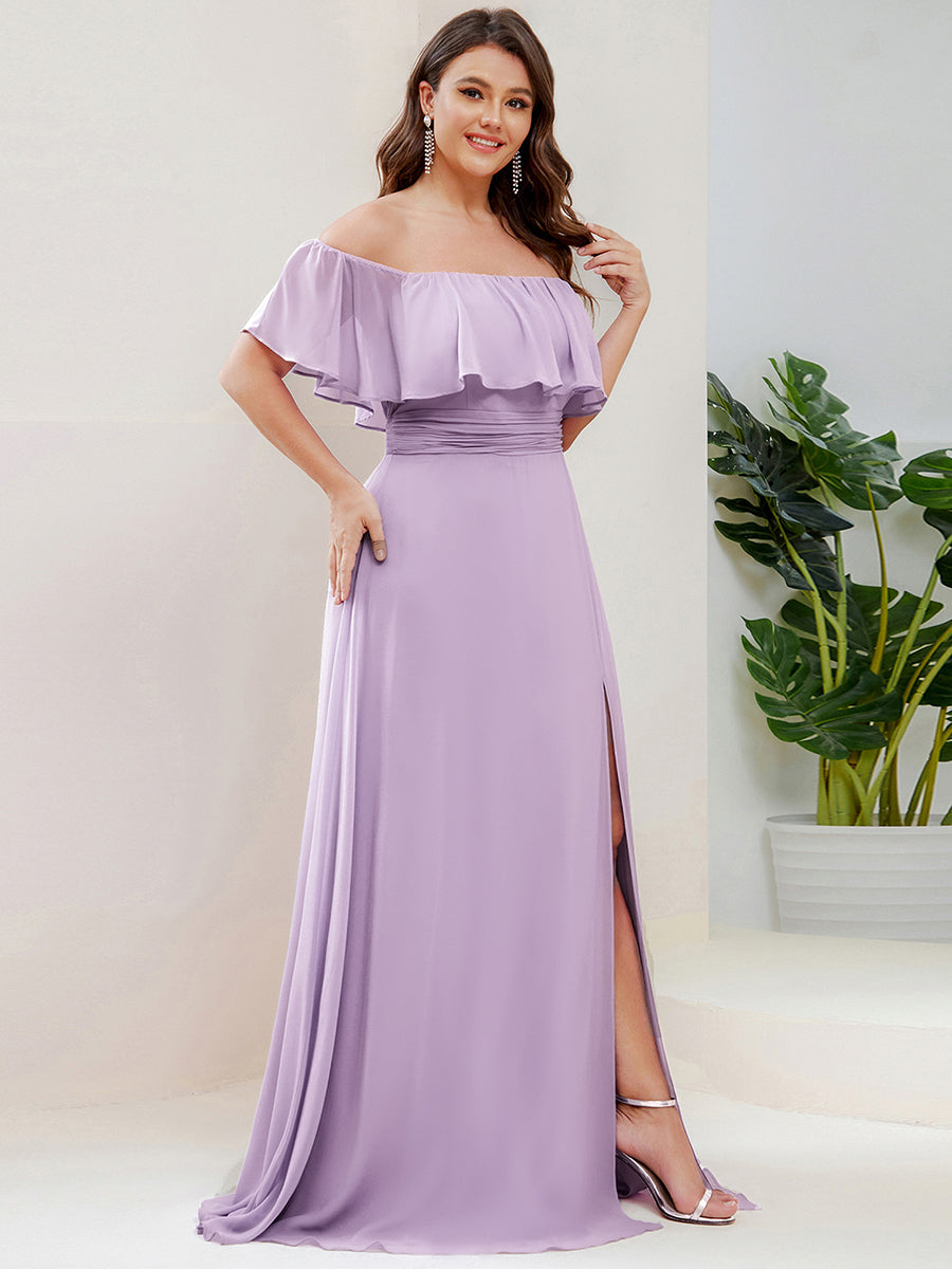 Bodenlanger Offshoulder A-Linie Chiffon Kleid Mit Falten Design Und Oberschenkel Hohem Schlitz #Farbe_Mattflieder