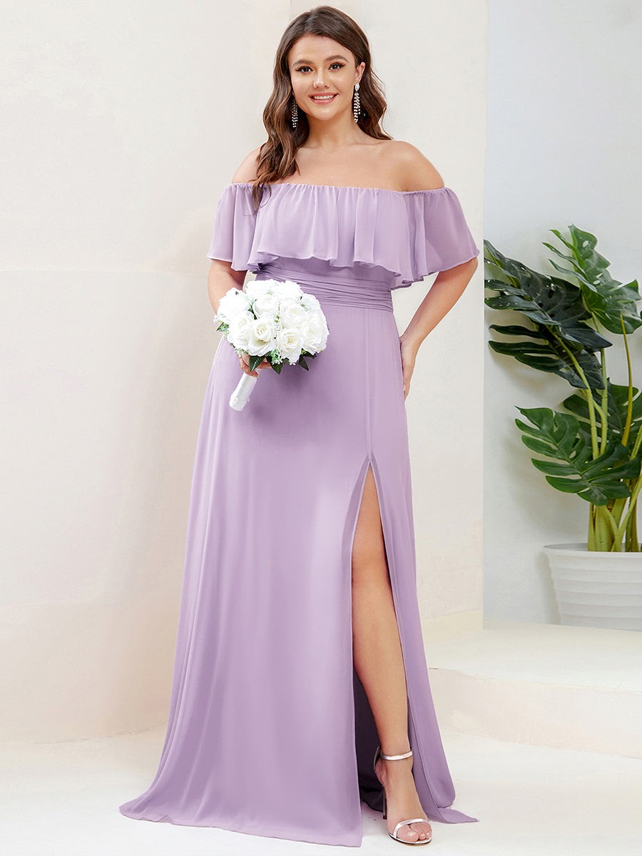 Bodenlanger Offshoulder A-Linie Chiffon Kleid Mit Falten Design Und Oberschenkel Hohem Schlitz #Farbe_Mattflieder