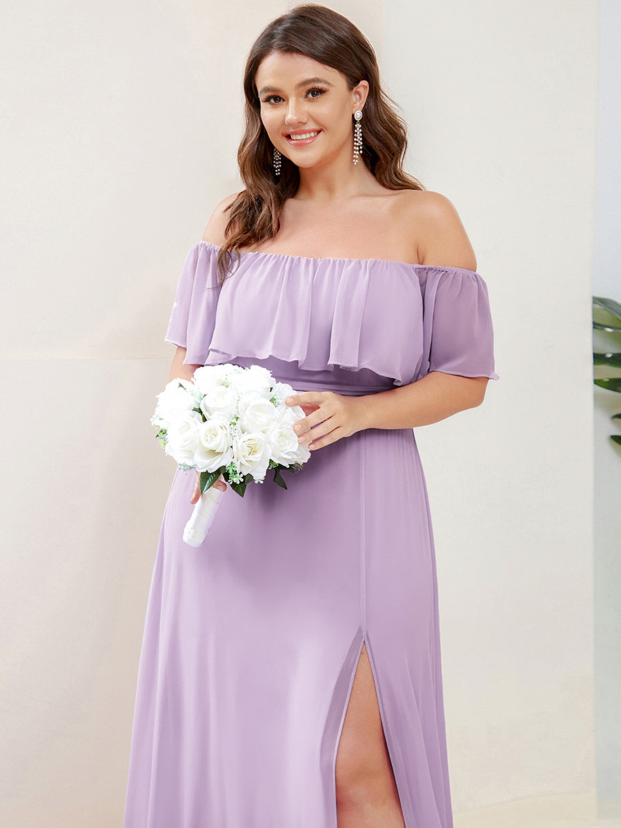 Bodenlanger Offshoulder A-Linie Chiffon Kleid Mit Falten Design Und Oberschenkel Hohem Schlitz #Farbe_Mattflieder