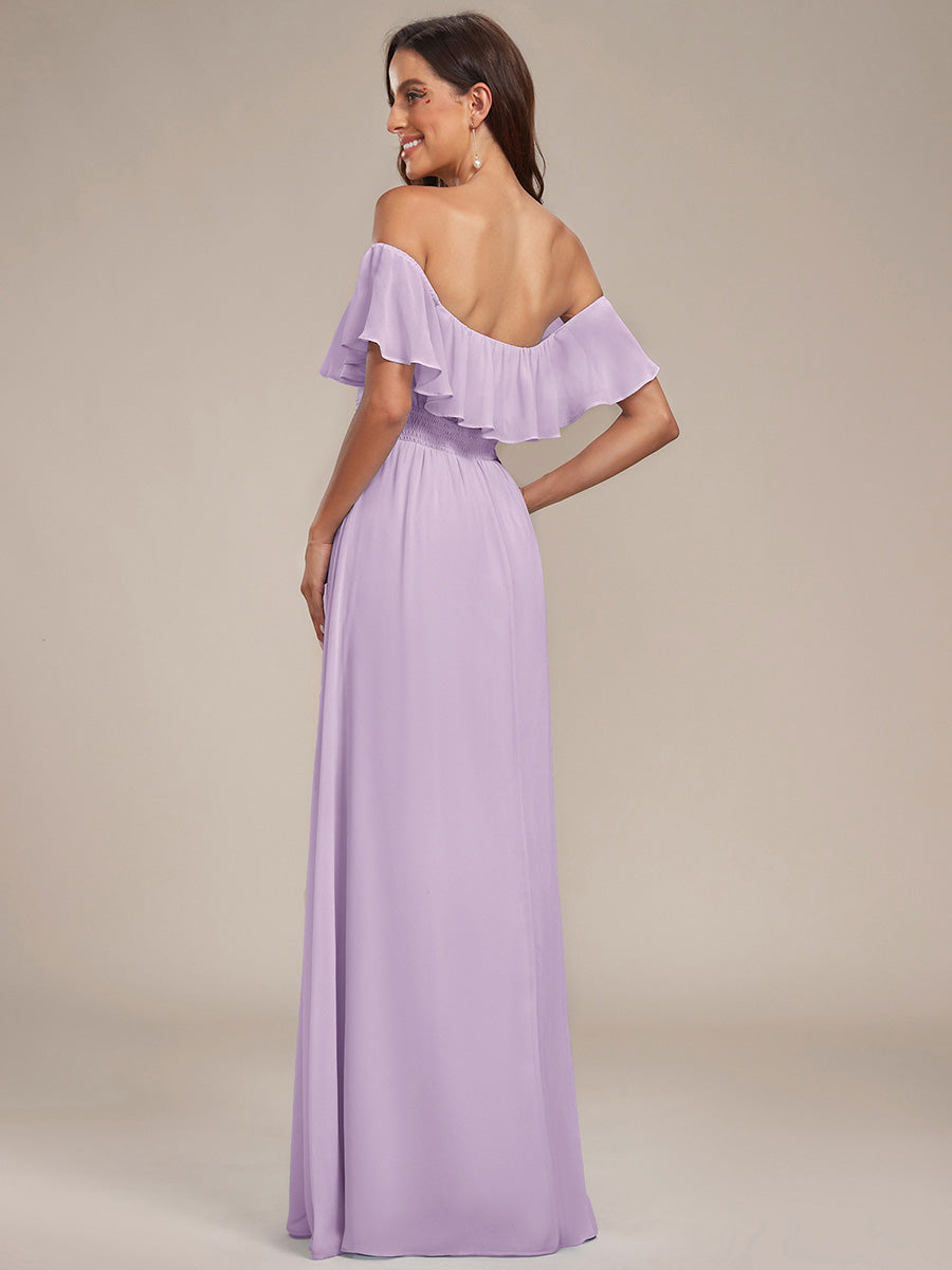 Bodenlanger Offshoulder A-Linie Chiffon Kleid Mit Falten Design Und Oberschenkel Hohem Schlitz #Farbe_Mattflieder