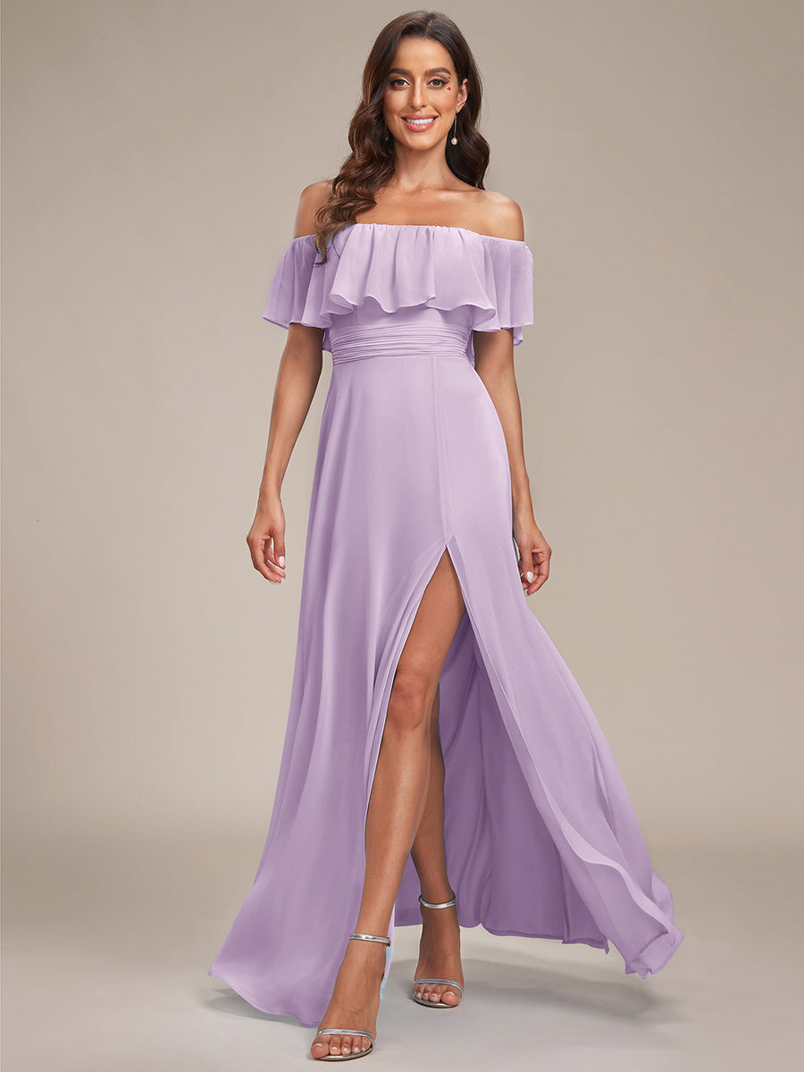 Bodenlanger Offshoulder A-Linie Chiffon Kleid Mit Falten Design Und Oberschenkel Hohem Schlitz #Farbe_Mattflieder