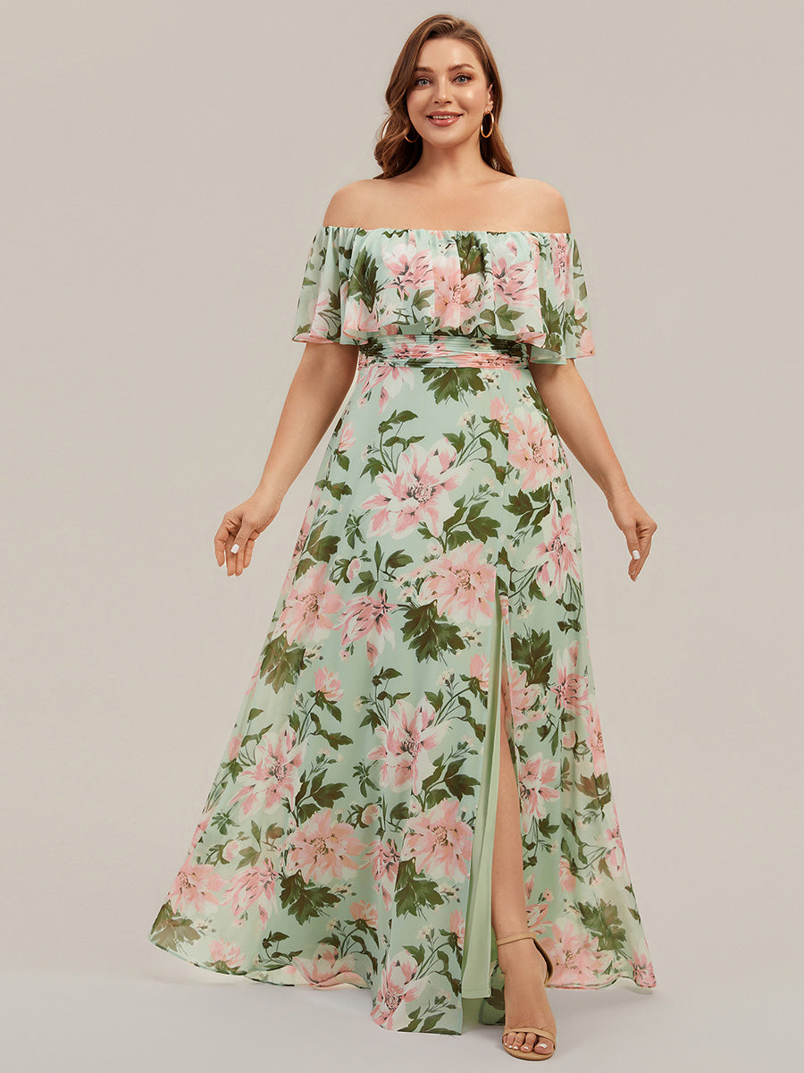 Bodenlanger Offshoulder A-Linie Chiffon Kleid Mit Falten Design Und Oberschenkel Hohem Schlitz #Farbe_Grüne Blüten