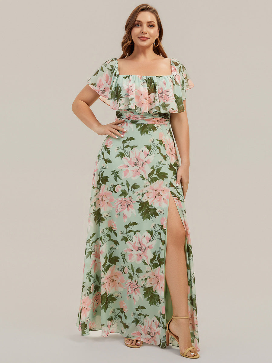 Bodenlanger Offshoulder A-Linie Chiffon Kleid Mit Falten Design Und Oberschenkel Hohem Schlitz #Farbe_Grüne Blüten