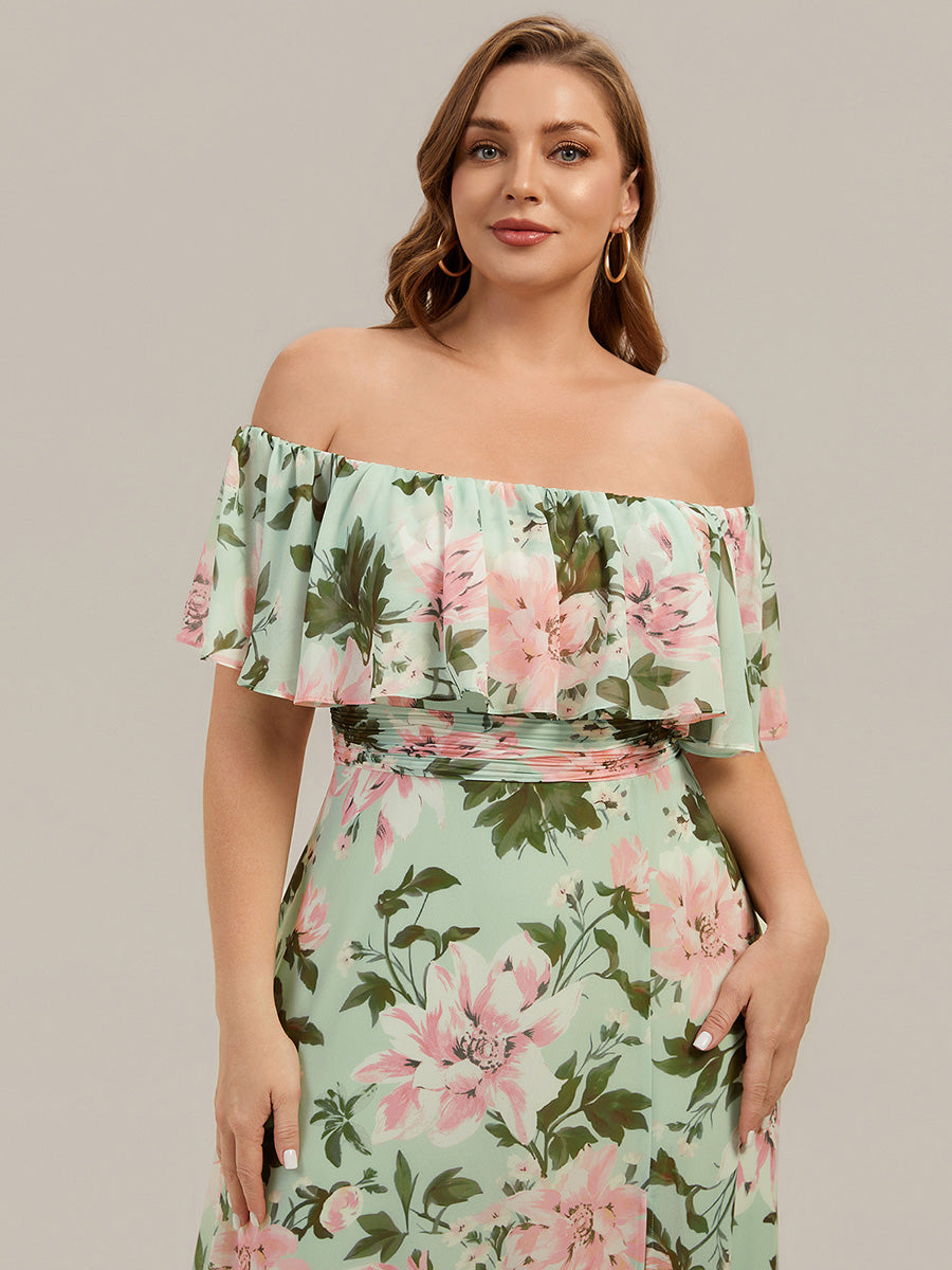 Bodenlanger Offshoulder A-Linie Chiffon Kleid Mit Falten Design Und Oberschenkel Hohem Schlitz #Farbe_Grüne Blüten