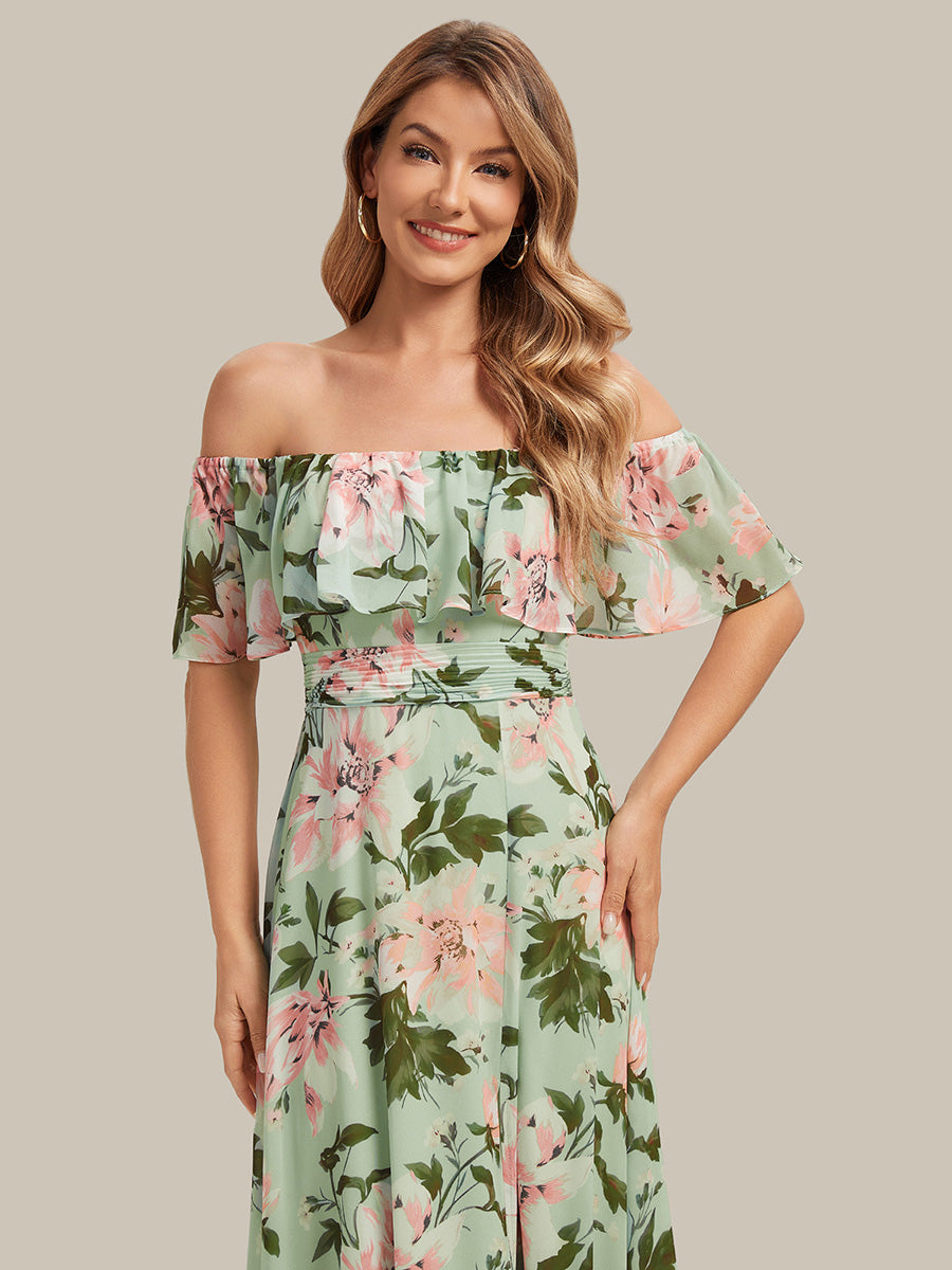 Bodenlanger Offshoulder A-Linie Chiffon Kleid Mit Falten Design Und Oberschenkel Hohem Schlitz #Farbe_Grüne Blüten