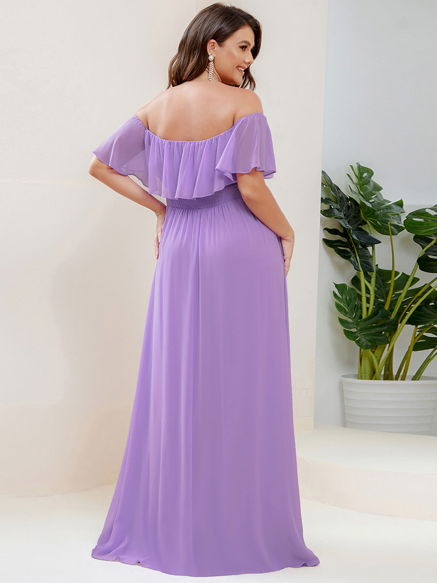 Bodenlanger Offshoulder A-Linie Chiffon Kleid Mit Falten Design Und Oberschenkel Hohem Schlitz #Farbe_Lavendel