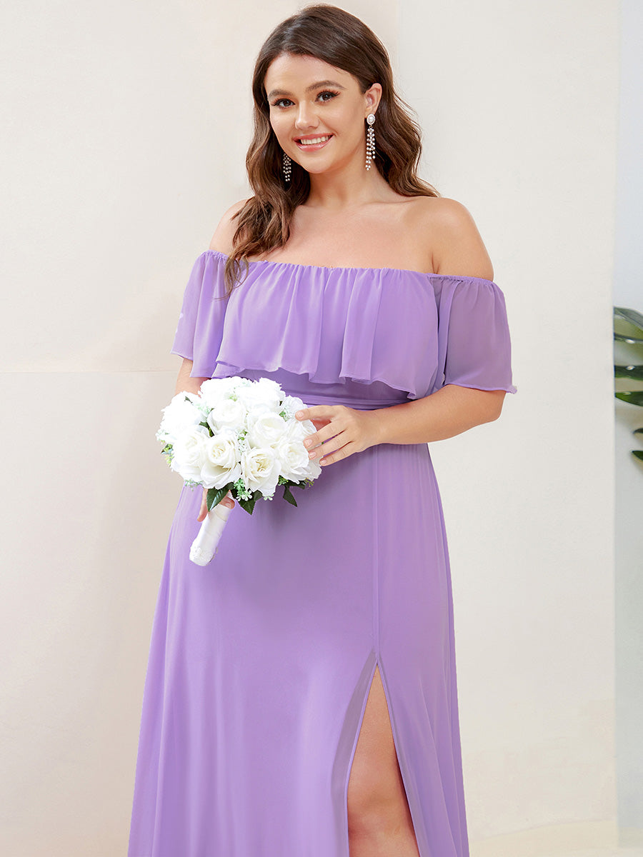 Bodenlanger Offshoulder A-Linie Chiffon Kleid Mit Falten Design Und Oberschenkel Hohem Schlitz #Farbe_Lavendel