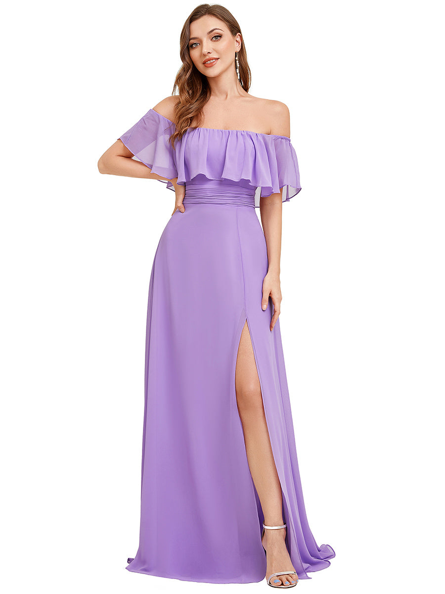 Bodenlanger Offshoulder A-Linie Chiffon Kleid Mit Falten Design Und Oberschenkel Hohem Schlitz #Farbe_Lavendel