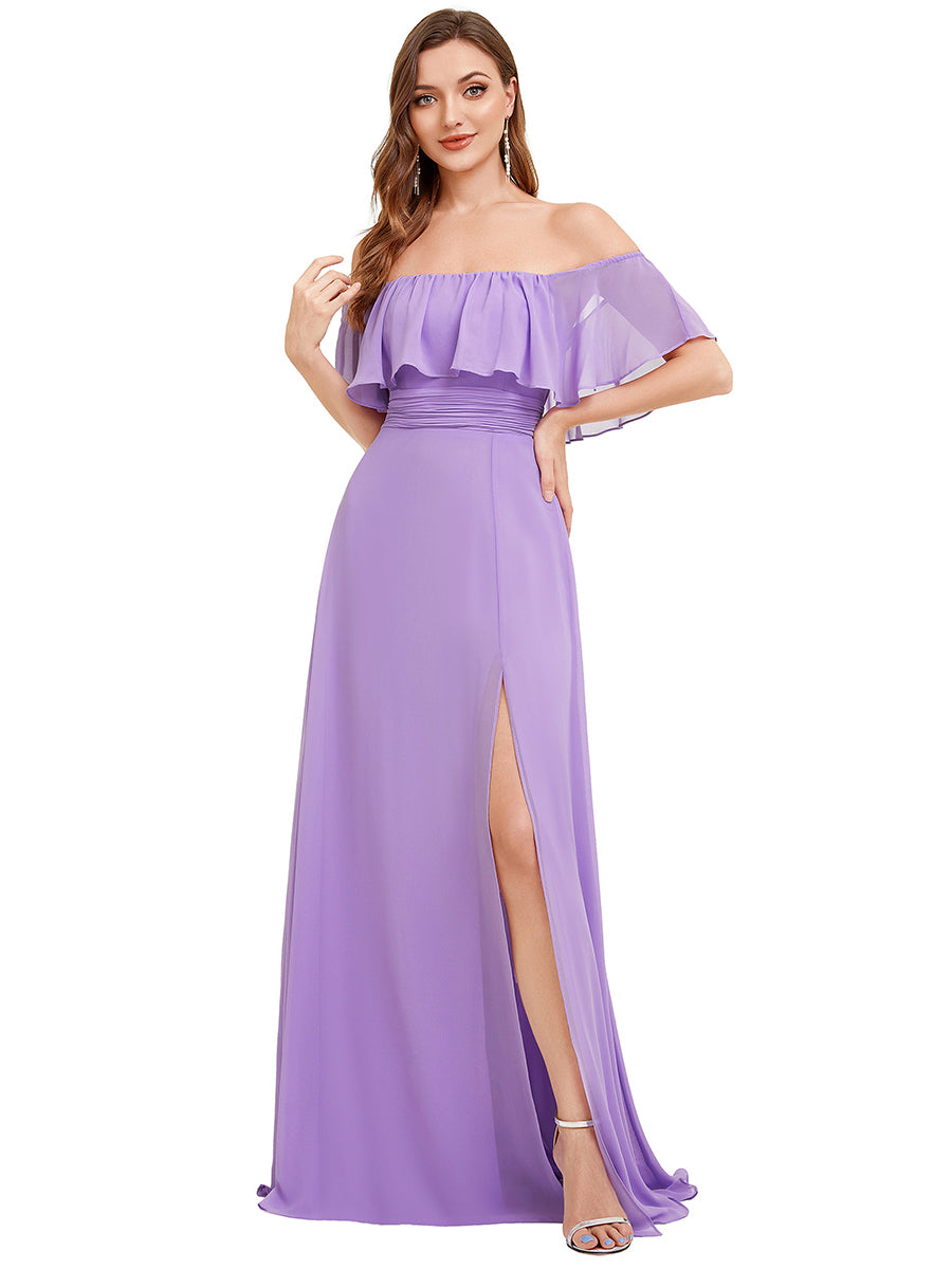 Bodenlanger Offshoulder A-Linie Chiffon Kleid Mit Falten Design Und Oberschenkel Hohem Schlitz #Farbe_Lavendel