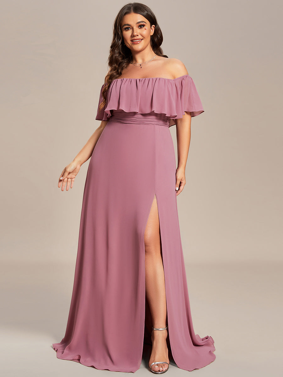 Bodenlanger Offshoulder A-Linie Chiffon Kleid Mit Falten Design Und Oberschenkel Hohem Schlitz #Farbe_Orchideenviolett