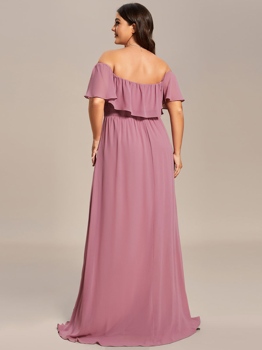 Bodenlanger Offshoulder A-Linie Chiffon Kleid Mit Falten Design Und Oberschenkel Hohem Schlitz #Farbe_Orchideenviolett