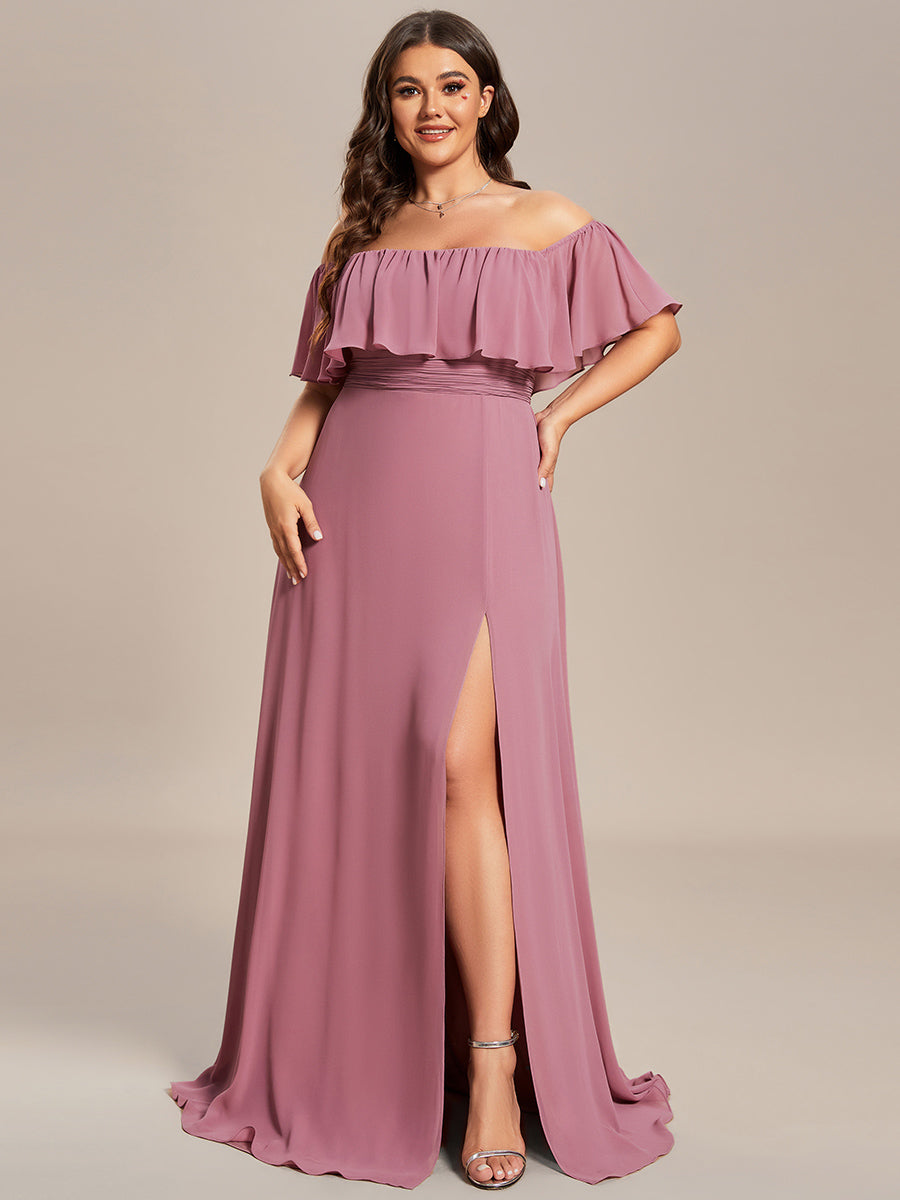 Bodenlanger Offshoulder A-Linie Chiffon Kleid Mit Falten Design Und Oberschenkel Hohem Schlitz #Farbe_Orchideenviolett