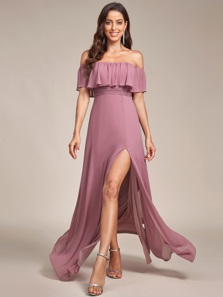 Bodenlanger Offshoulder A-Linie Chiffon Kleid Mit Falten Design Und Oberschenkel Hohem Schlitz #Farbe_Orchideenviolett