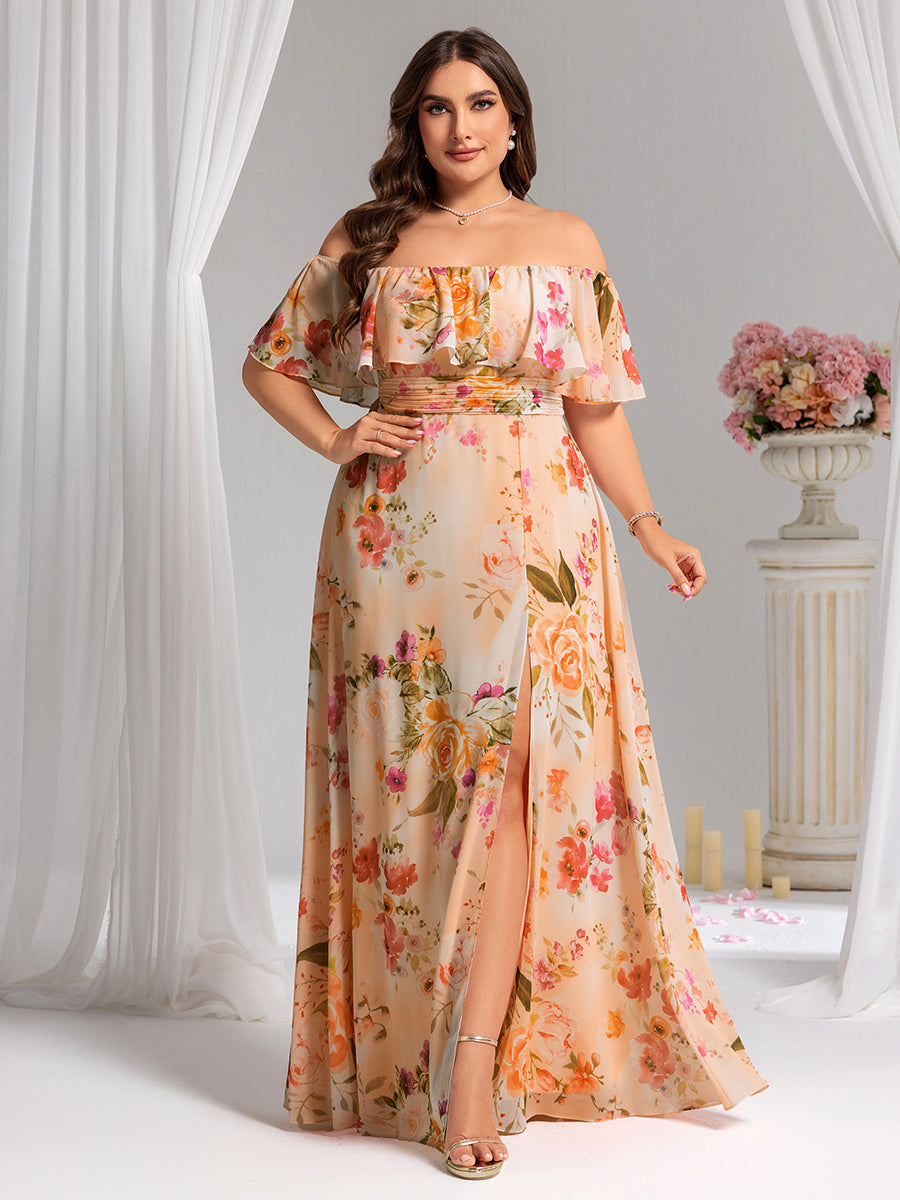 Bodenlanger Offshoulder A-Linie Chiffon Kleid Mit Falten Design Und Oberschenkel Hohem Schlitz #Farbe_Peach Fuzz