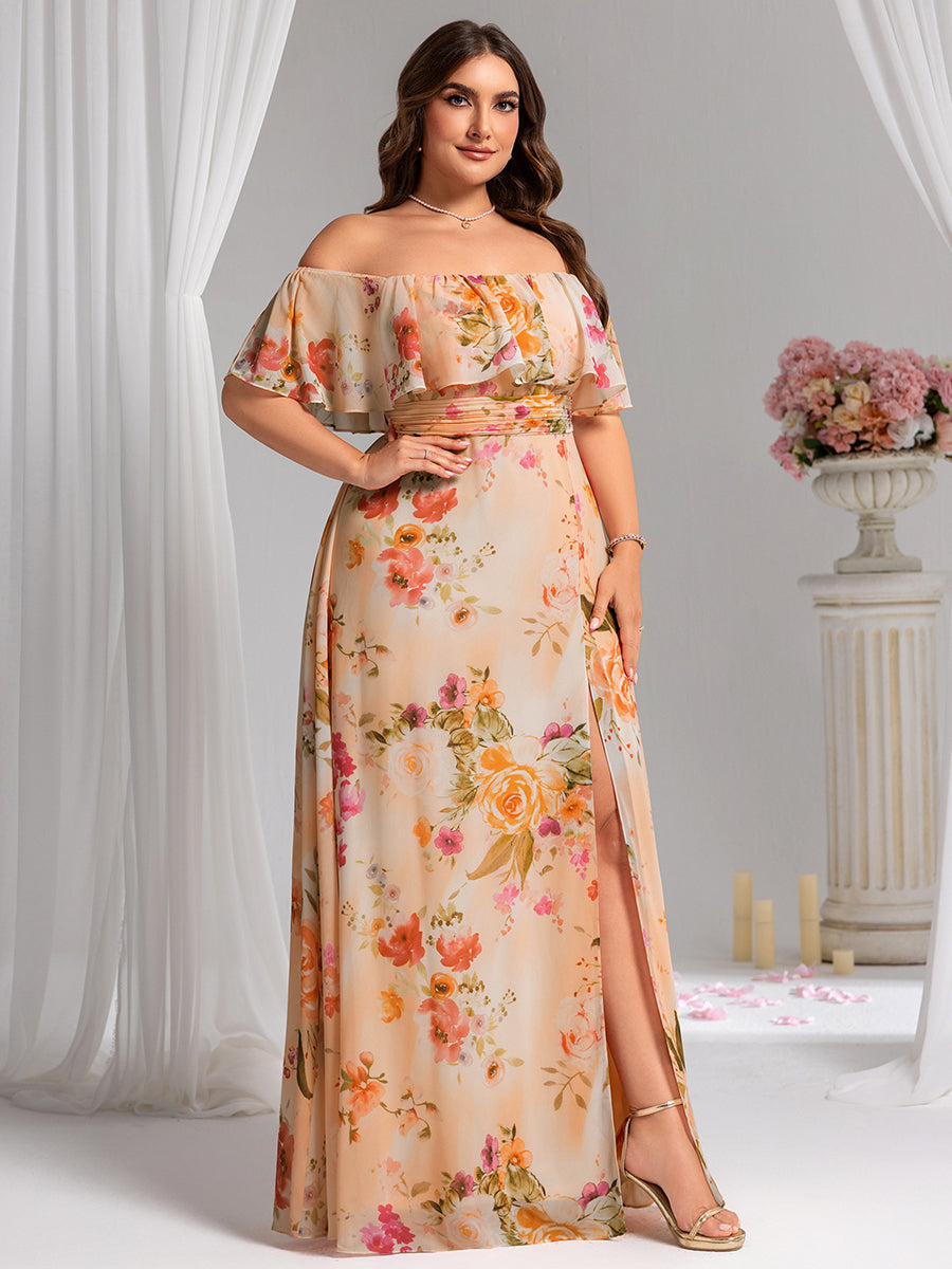 Bodenlanger Offshoulder A-Linie Chiffon Kleid Mit Falten Design Und Oberschenkel Hohem Schlitz #Farbe_Peach Fuzz