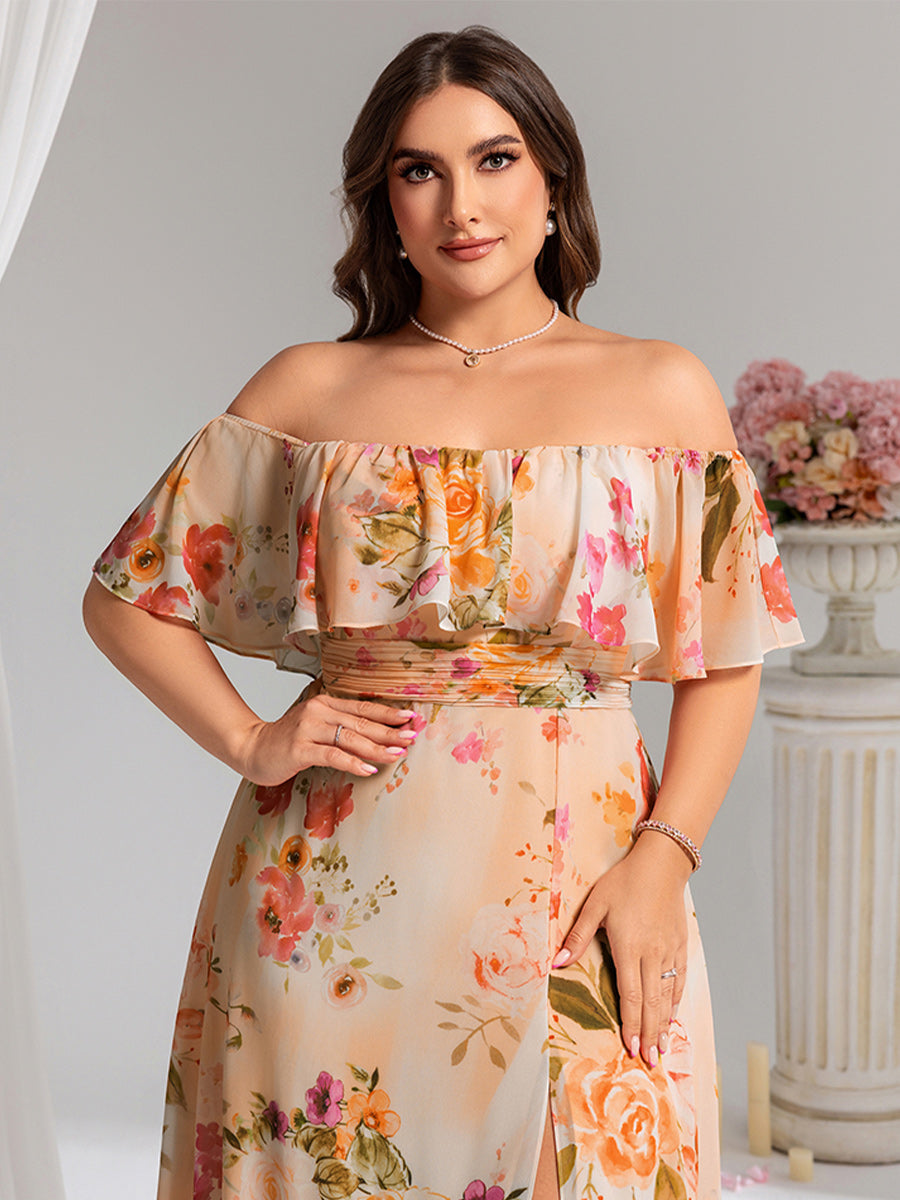 Bodenlanger Offshoulder A-Linie Chiffon Kleid Mit Falten Design Und Oberschenkel Hohem Schlitz #Farbe_Peach Fuzz