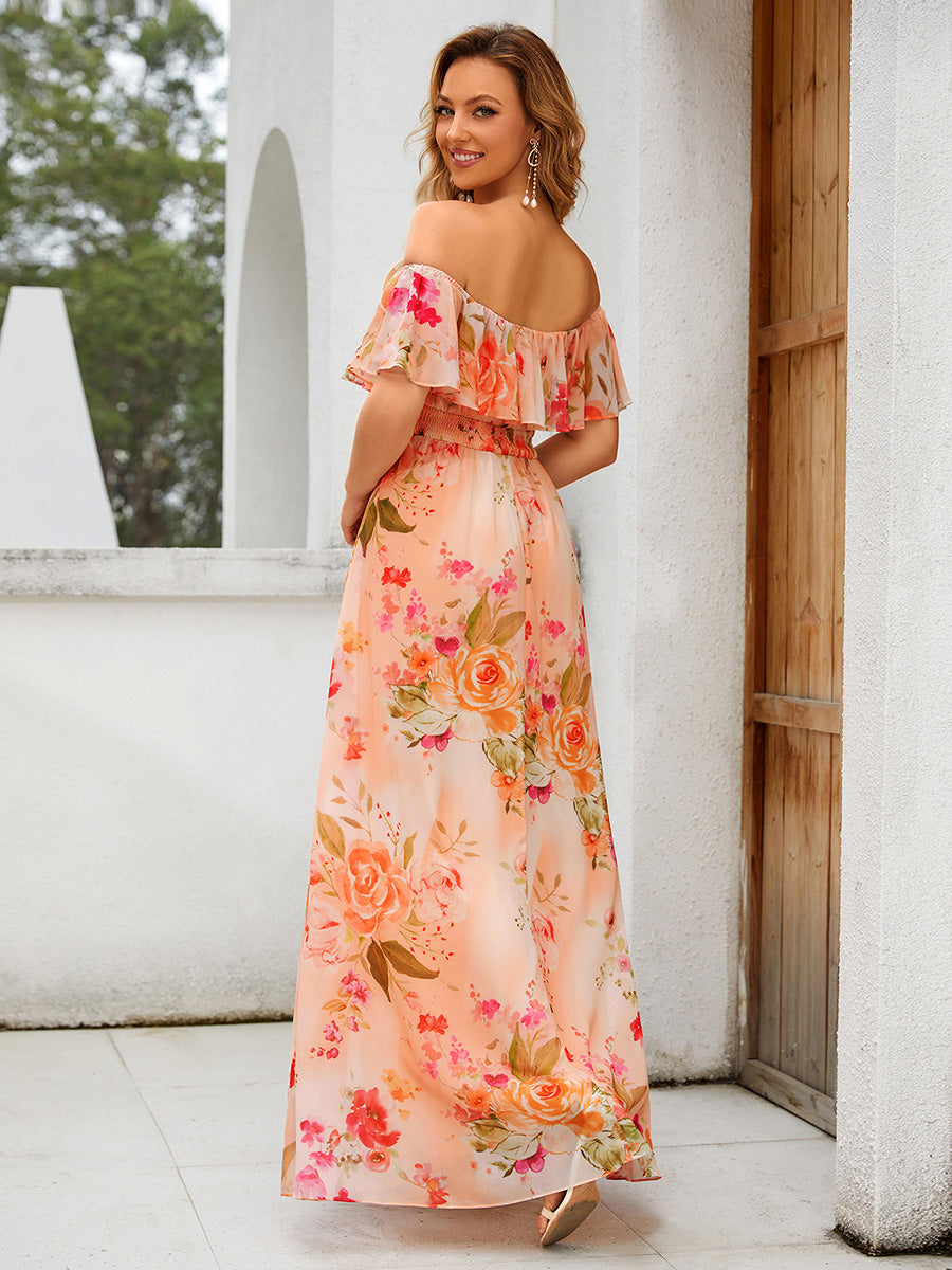 Bodenlanger Offshoulder A-Linie Chiffon Kleid Mit Falten Design Und Oberschenkel Hohem Schlitz #Farbe_Peach Fuzz