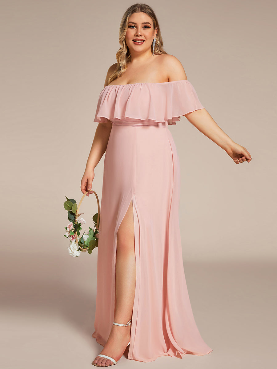 Bodenlanger Offshoulder A-Linie Chiffon Kleid Mit Falten Design Und Oberschenkel Hohem Schlitz #Farbe_Rosa