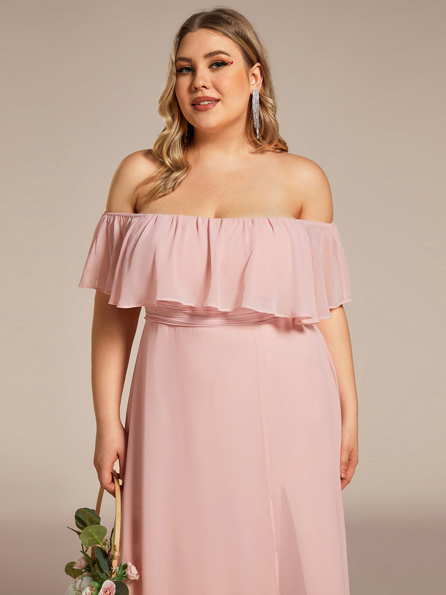 Bodenlanger Offshoulder A-Linie Chiffon Kleid Mit Falten Design Und Oberschenkel Hohem Schlitz #Farbe_Rosa